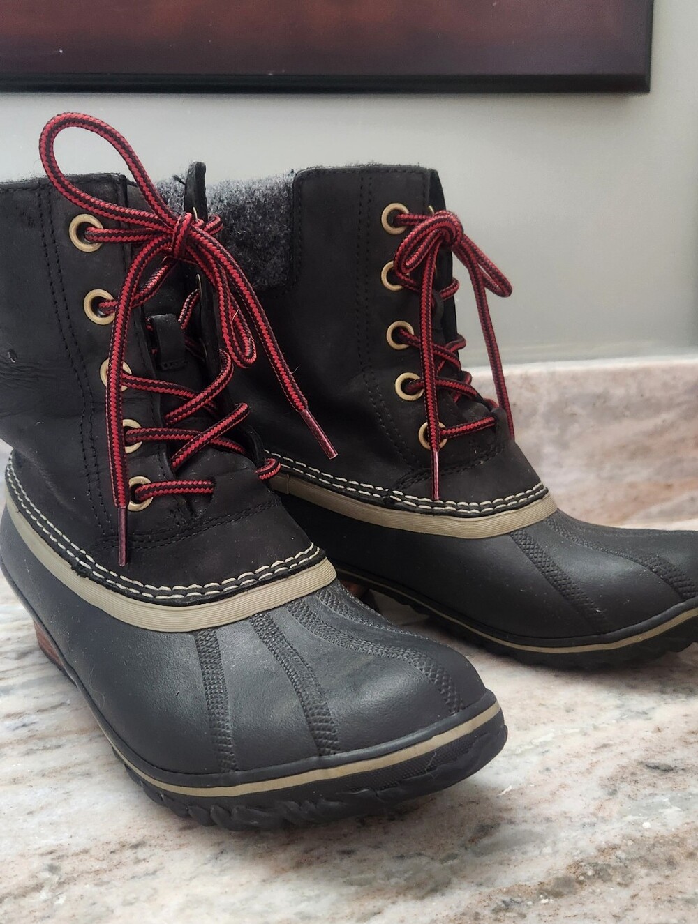 Sorel Black Duck Boots with Red Laces